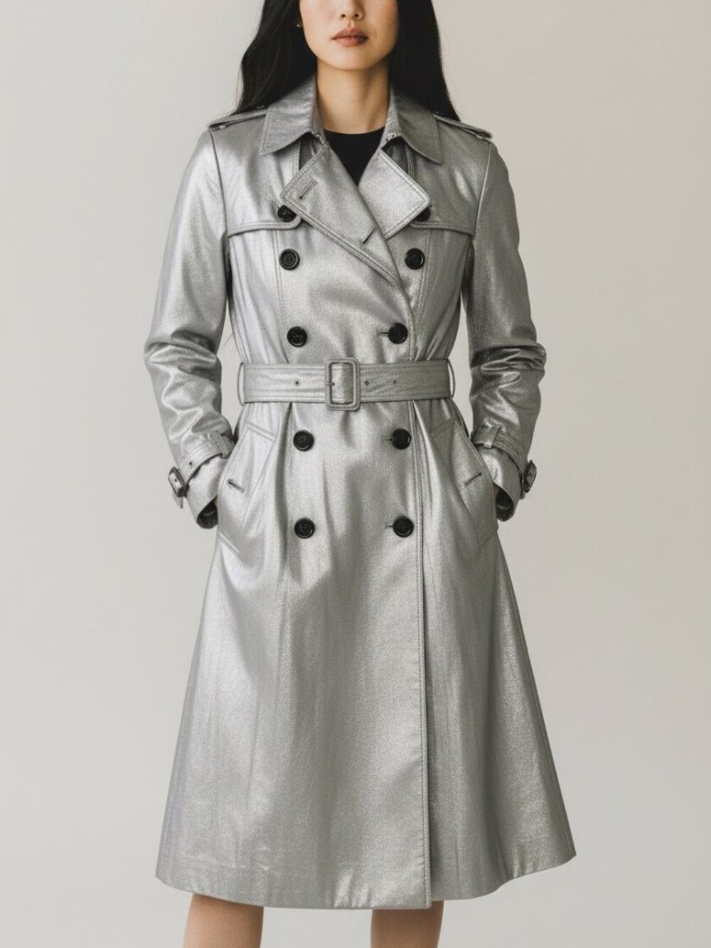 BURBERRY Made in Italy Silver Metallic Laminated Genuine Leather Trench Coat 4